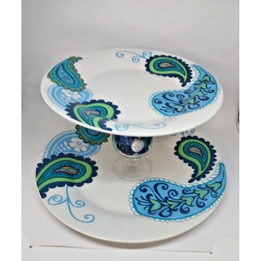 Royal Norfolk Blue Paisley Two-Tier Serving Tray Ceramic Hand Crafted 6